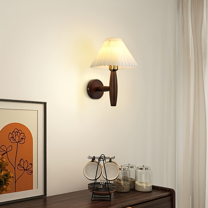 Nordic Wooden Wall Sconce | Retro Bedside Wall Lamp with Pleated Shade