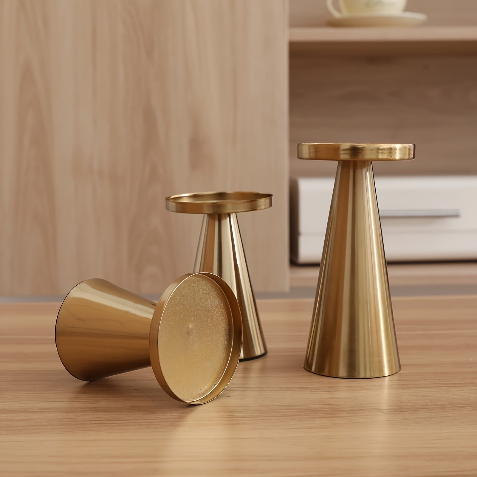 Metallic Cone Candle Holders | Set of 3 Bronze Table Centrepieces