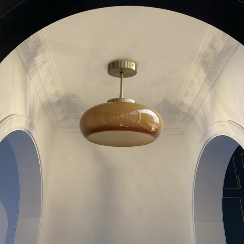 Vintage Brass Yellow Glass Ceiling Light | Semi-Flush Mount