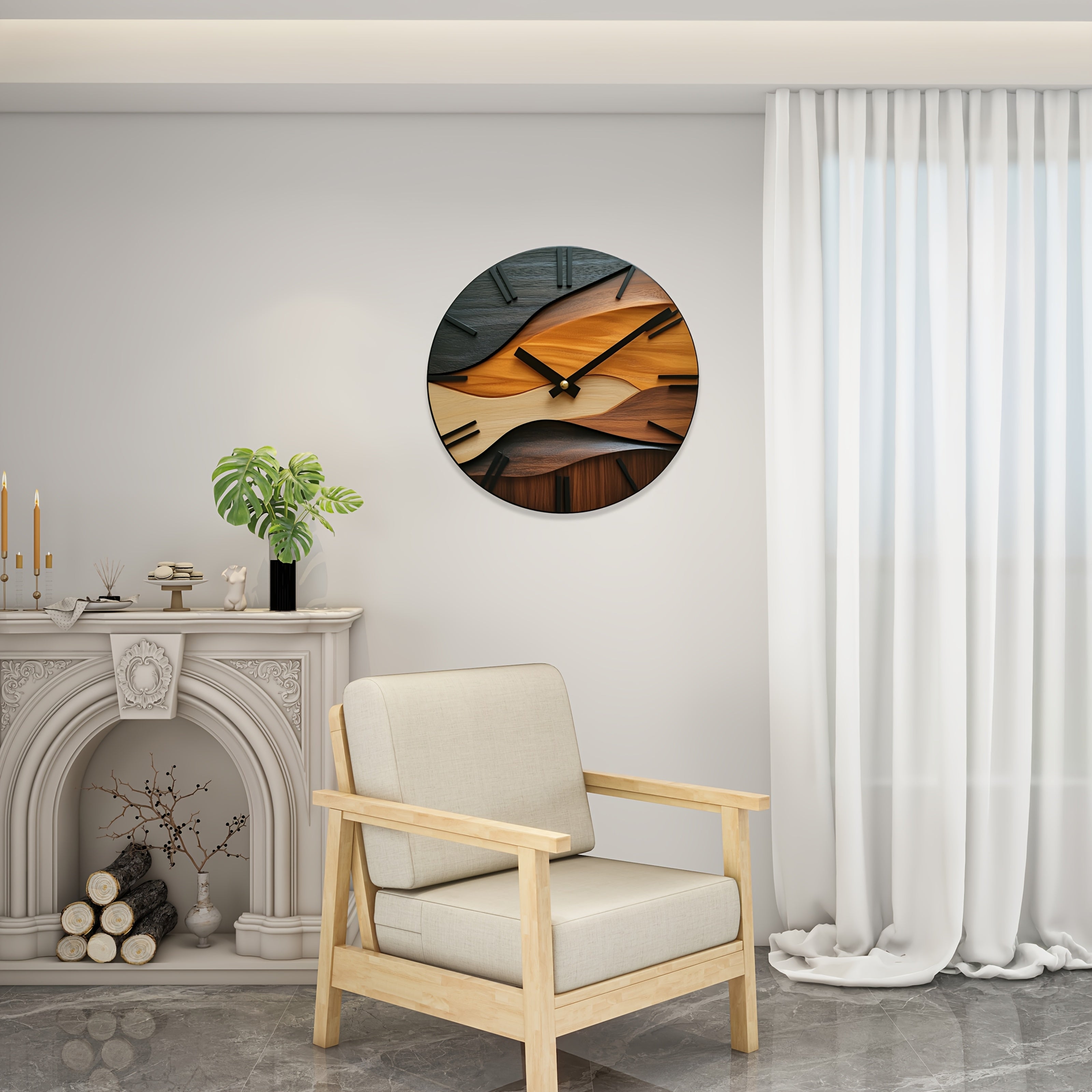 Artistic Round Glass Wall Clock | Nordic Style Faux Wood Grain Design