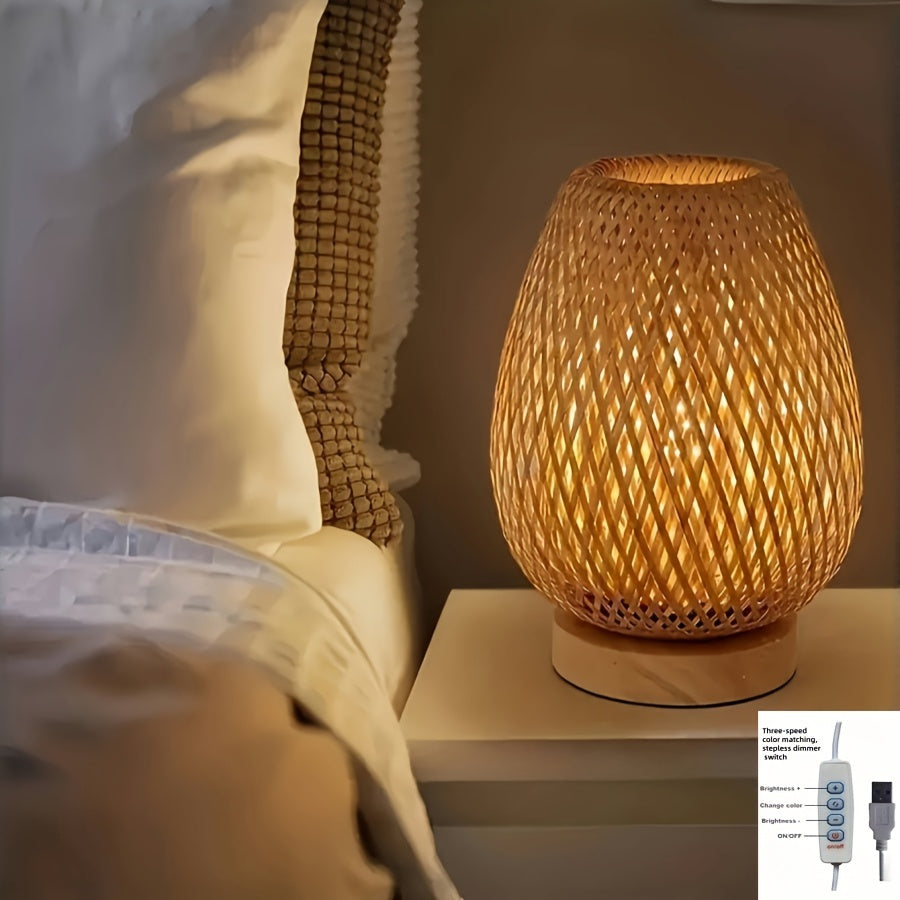 Handmade Bamboo Woven Bedside Lamp | Dimmable USB Table Light