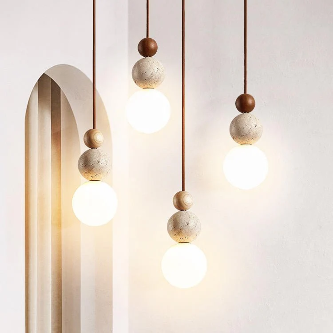 Cleonice Pendant Light | Travertine, Wood & Glass Hanging Lamp
