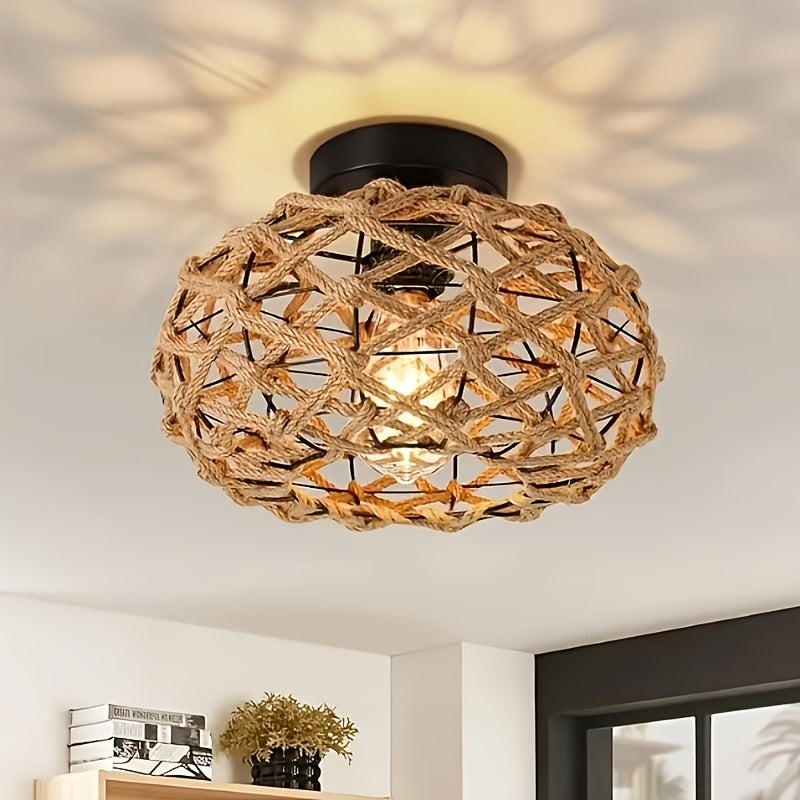 Bohemian Hemp Rope Ceiling Light | Handwoven Rustic Flush Mount Fixture