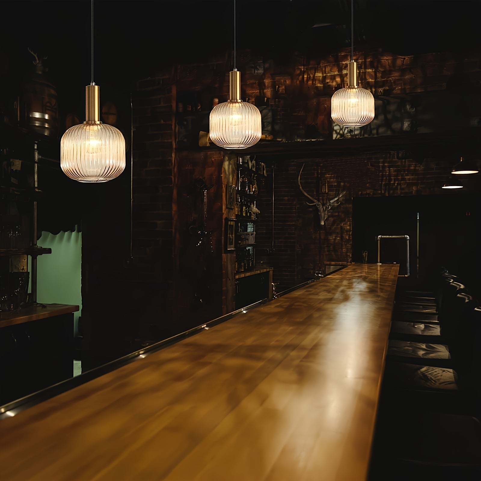 Modern Striped Glass Pendant Light | Brass & Ribbed Glass Shade