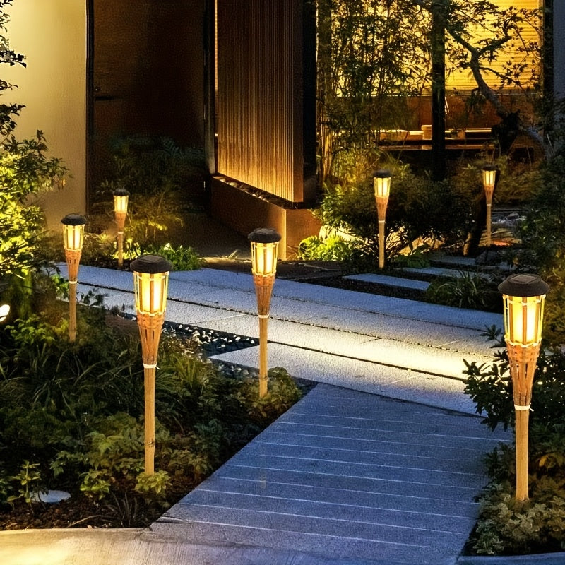 Solar Bamboo Flame Lights (2-Pack) | 12-LED Outdoor Solar Garden Lanterns