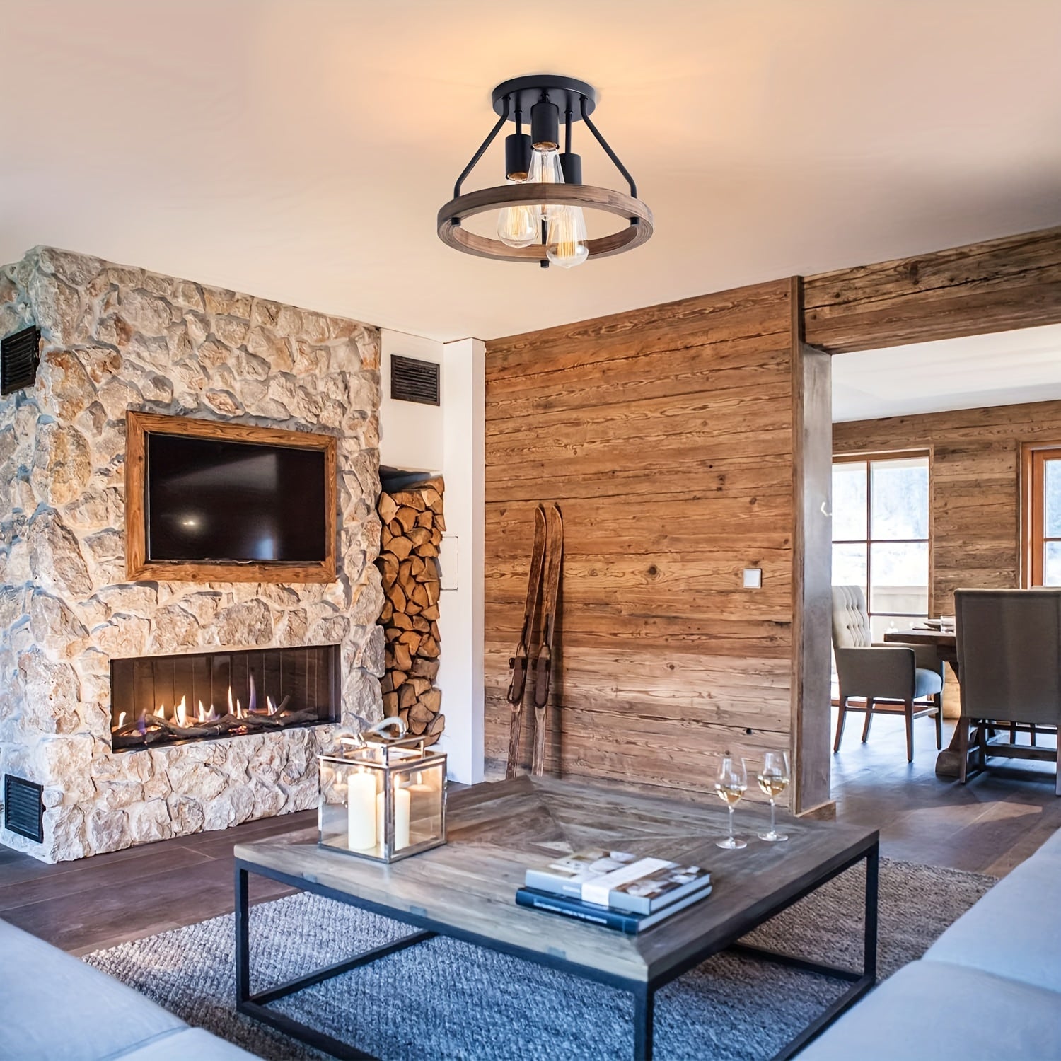 Industrial Wood Ring Ceiling Light | 3-Light Semi Flush Mount Fixture