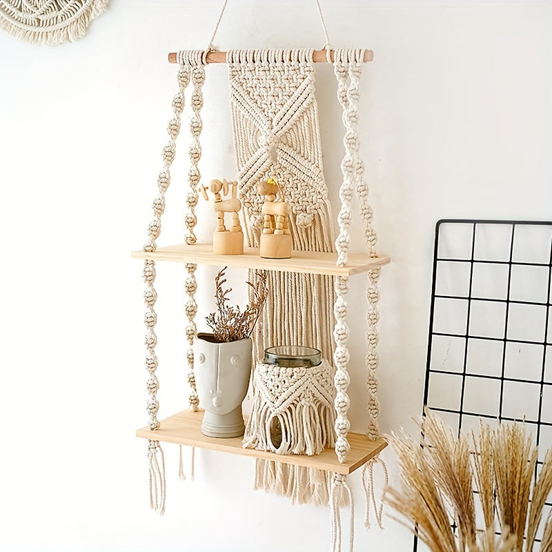 Boho Macrame Wall Shelf | 2-Tier Hanging Storage Rack