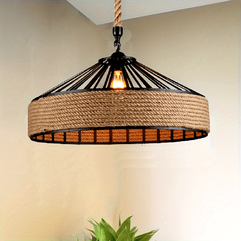 Rustic Hemp Rope Pendant Light | Vintage Farmhouse Ceiling Lamp
