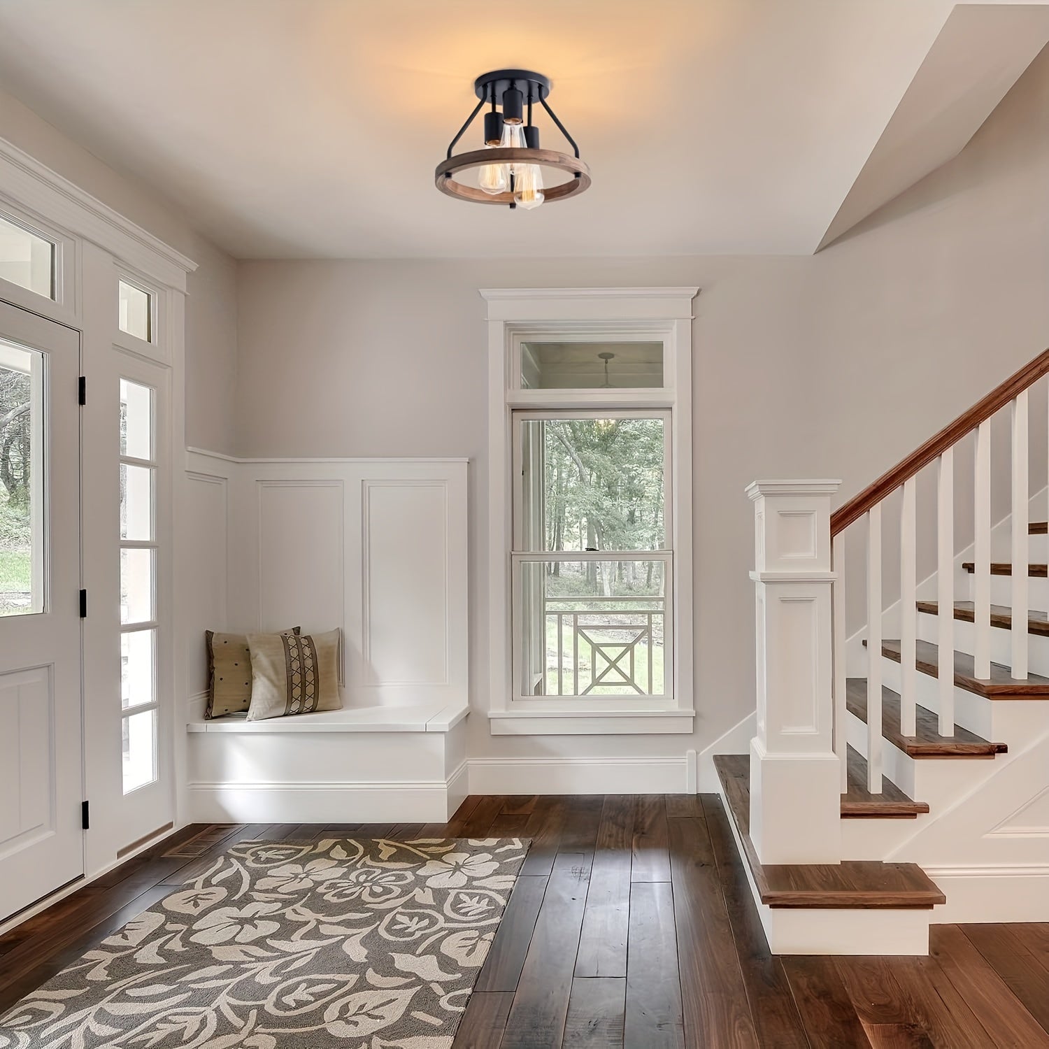 Industrial Wood Ring Ceiling Light | 3-Light Semi Flush Mount Fixture