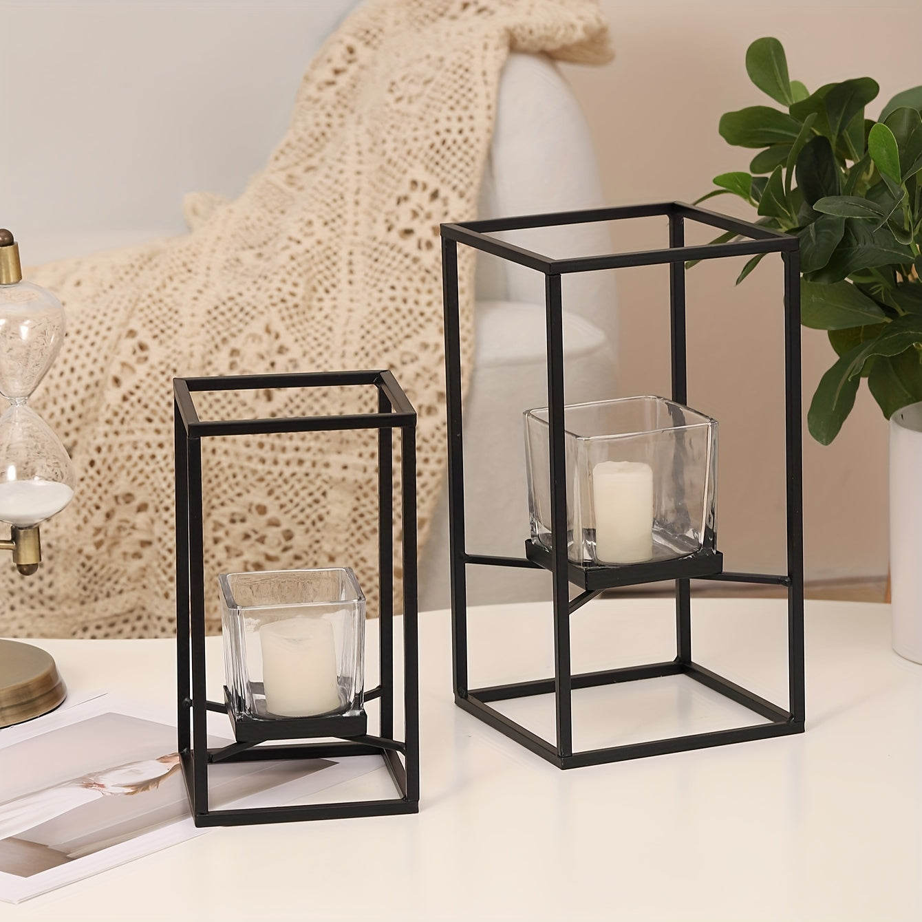 Black Iron Square Candle Holder with Glass Insert | Elegant Windproof Design