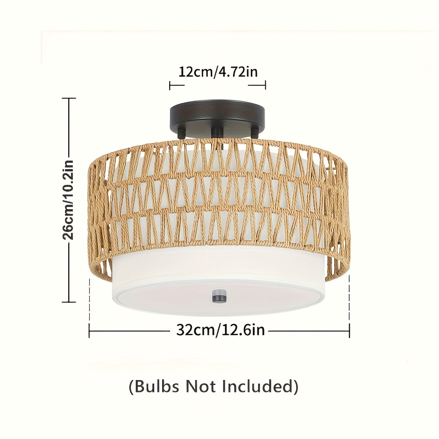 Boho Rattan Ceiling Light | Semi-Flush Mount with Linen Shade