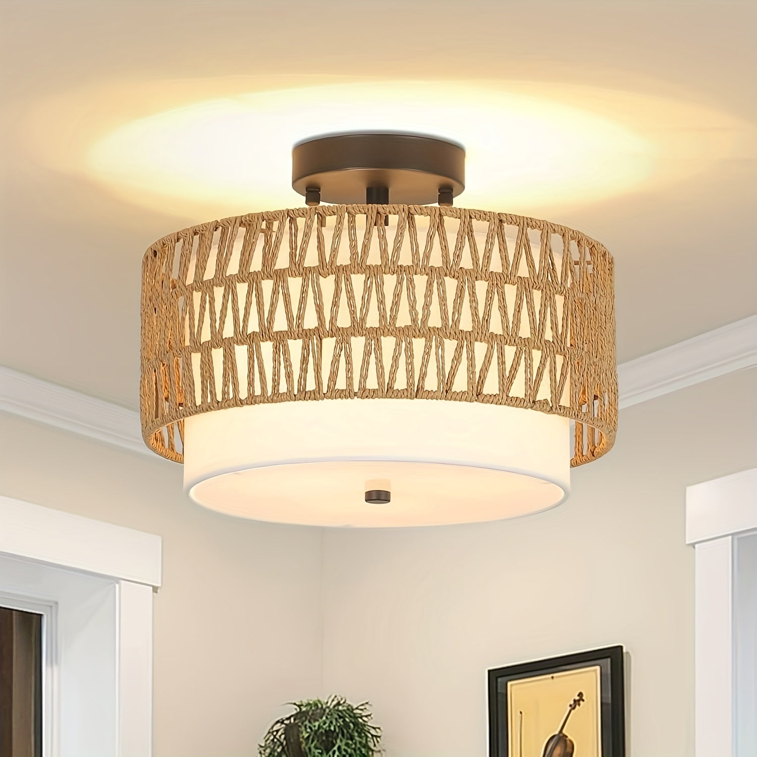 Boho Rattan Ceiling Light | Semi-Flush Mount with Linen Shade