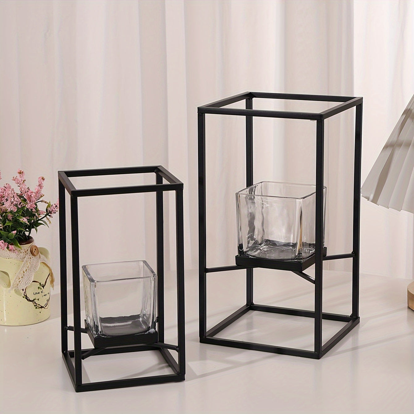 Black Iron Square Candle Holder with Glass Insert | Elegant Windproof Design