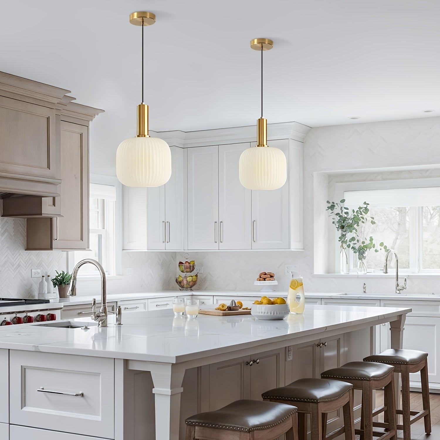 Modern Striped Glass Pendant Light | Brass & Ribbed Glass Shade