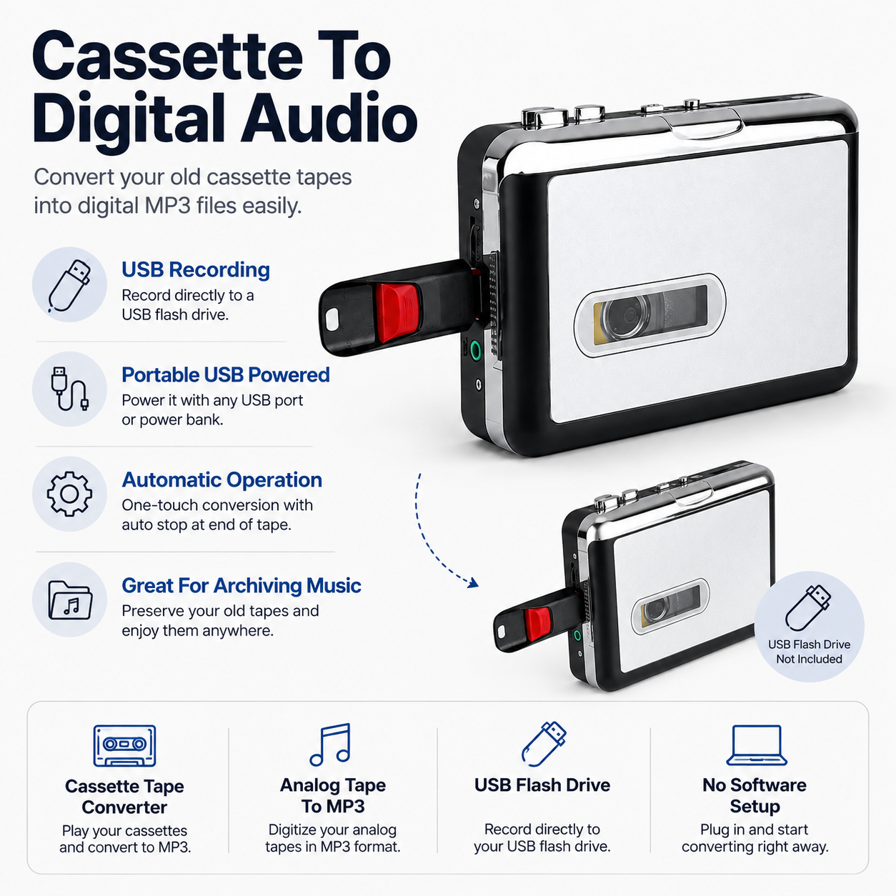 Reproductor portátil automático USB convertidor de cintas de casete