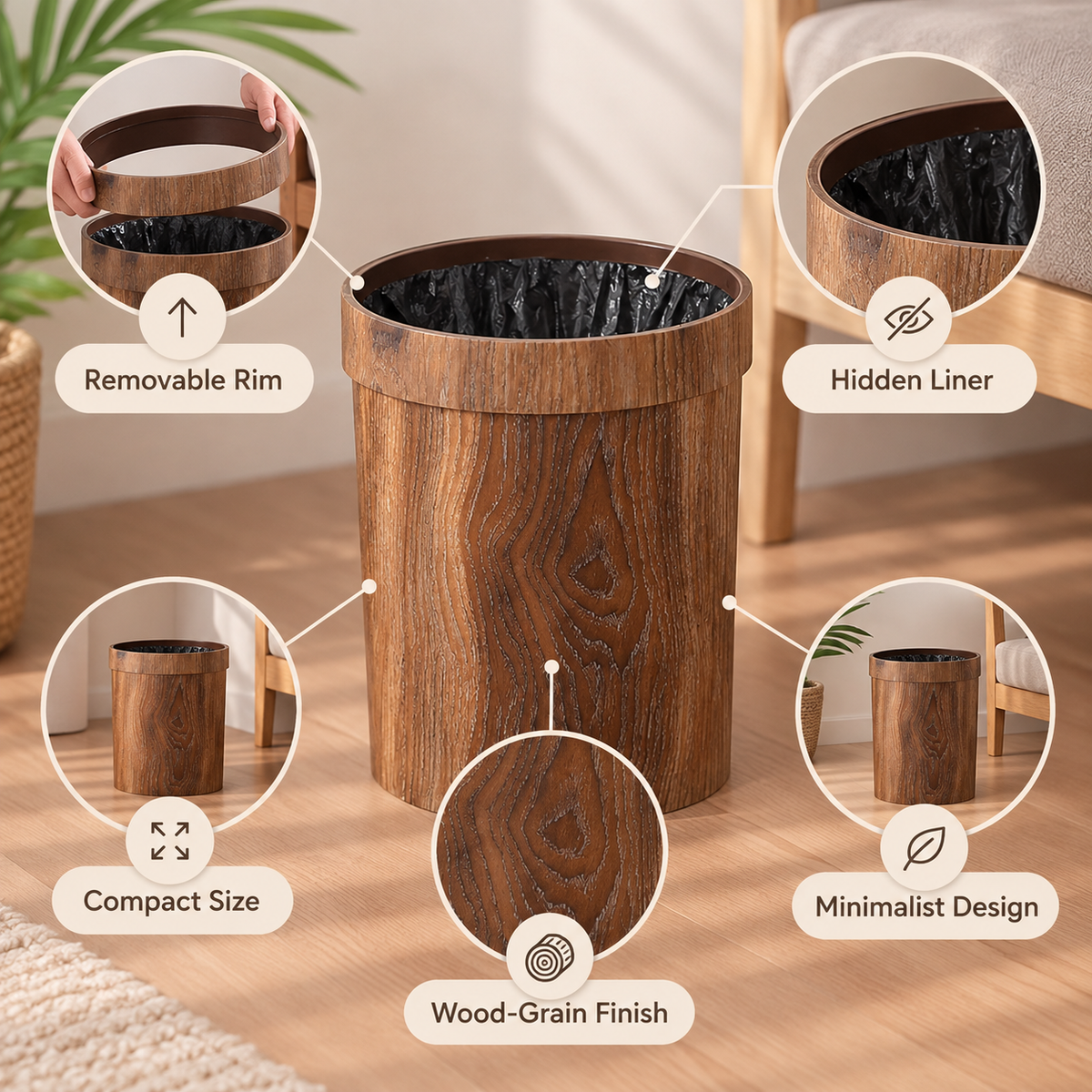Cubo de basura de madera compacto para una organización minimalista del hogar