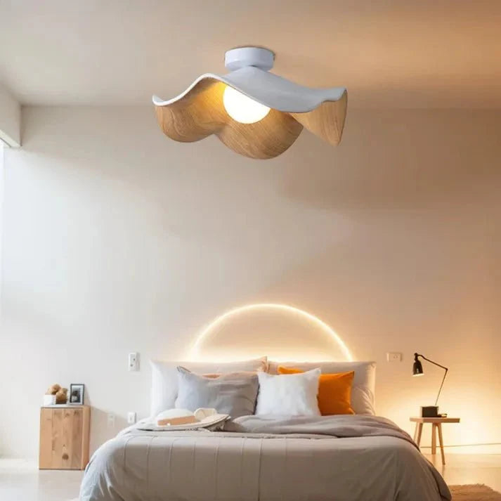 Scandinavian Wooden Lotus Ceiling Light | Resin & Iron Modern Flush Lamp