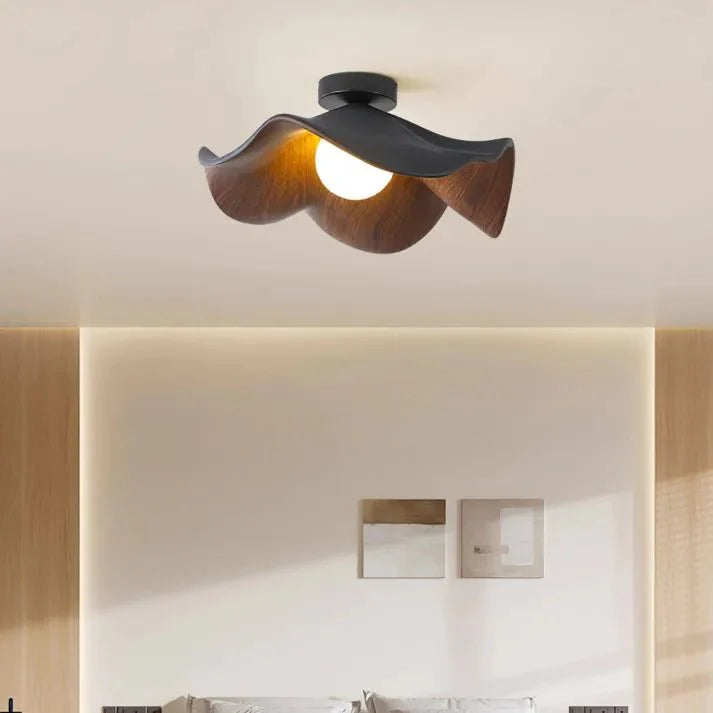 Scandinavian Wooden Lotus Ceiling Light | Resin & Iron Modern Flush Lamp