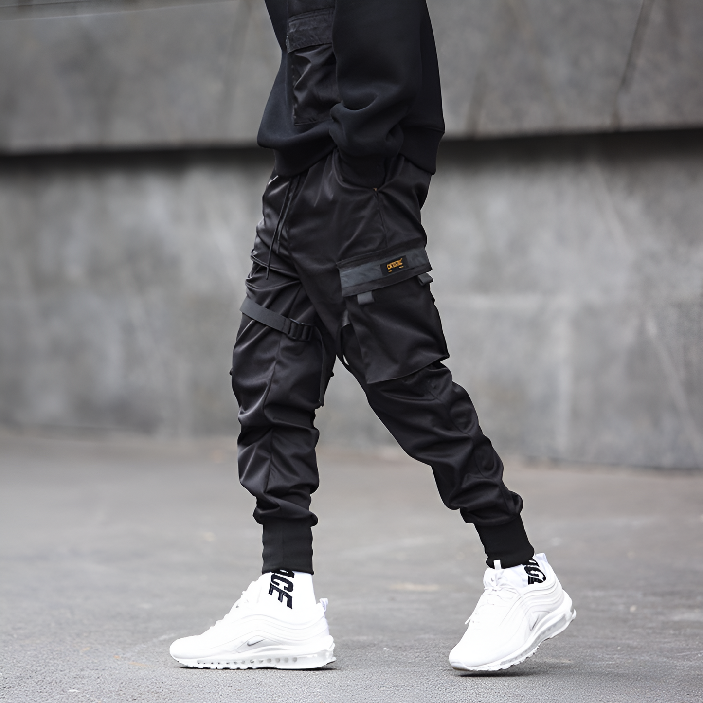 Herren Cargohose Schwarz Verstellbare Riemen Robuste Stadt-Hose
