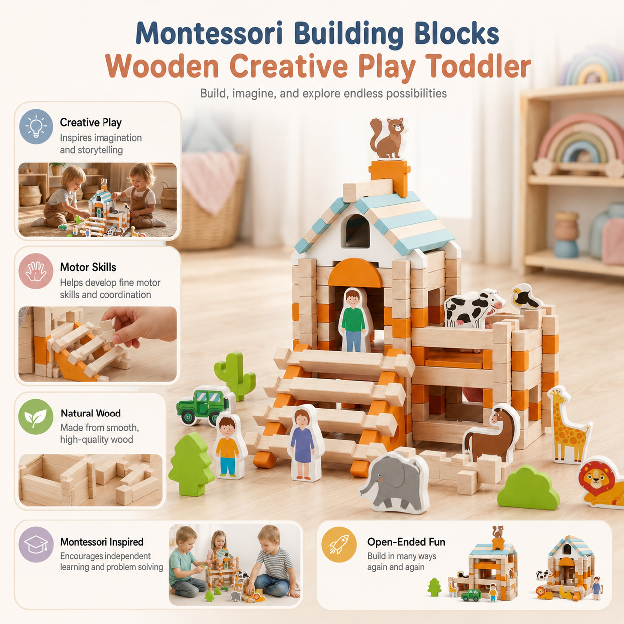 Montessori-Holzbausteine für kreatives Spielen mit Kleinkindern