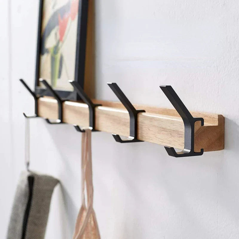 Nordic Wall-Mounted Coat Rack | Adjustable Dual Hooks in Black & Wood Finish