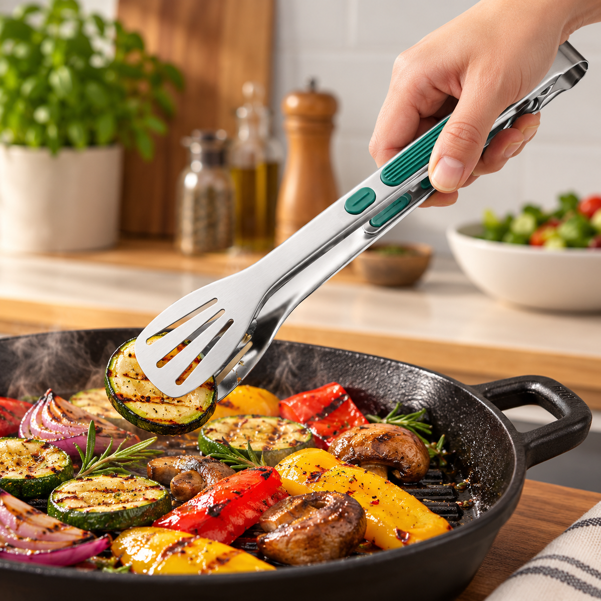Pinze da cucina antiscivolo per alimenti, lavabili in lavastoviglie