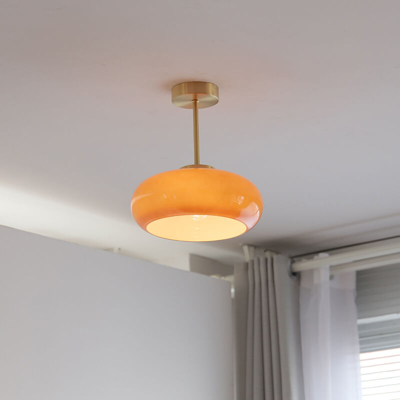 Vintage Brass Yellow Glass Ceiling Light | Semi-Flush Mount