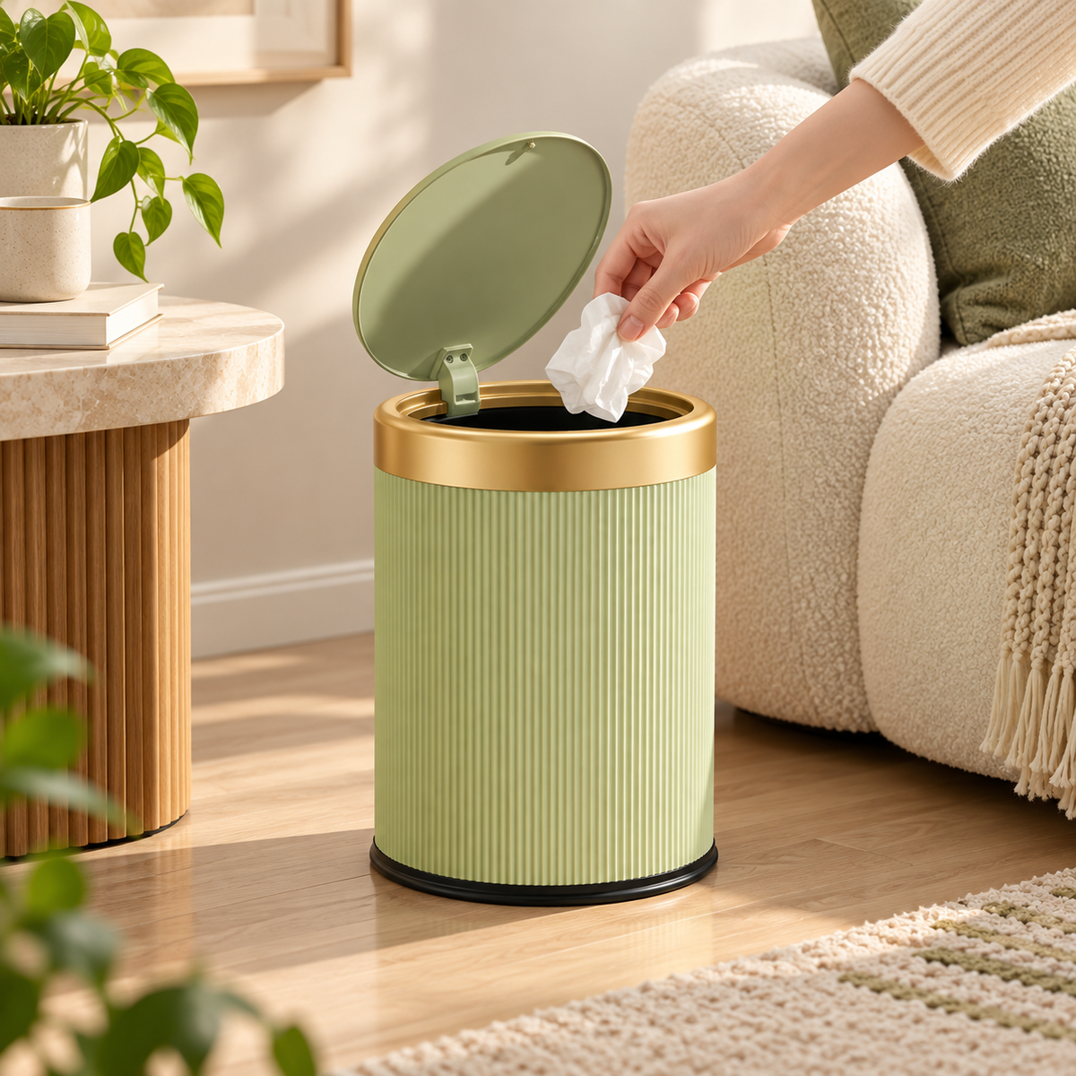 Ovale Mülltonne mit Druckdeckel, kompakt, für Bad und Haushalt