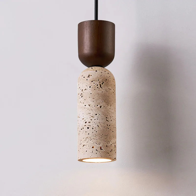 Wabi-Sabi Travertine & Wood Pendant Light | Japanese Minimalist Bedside Lighting