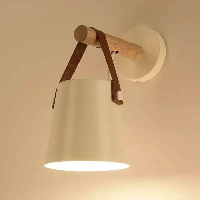 Nordic Wood & Leather Wall Lamp | Hanging Bedside Light