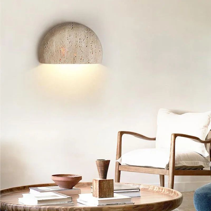 Wabi-Sabi Stone Wall Lamp | Natural Travertine Half-Dome Light