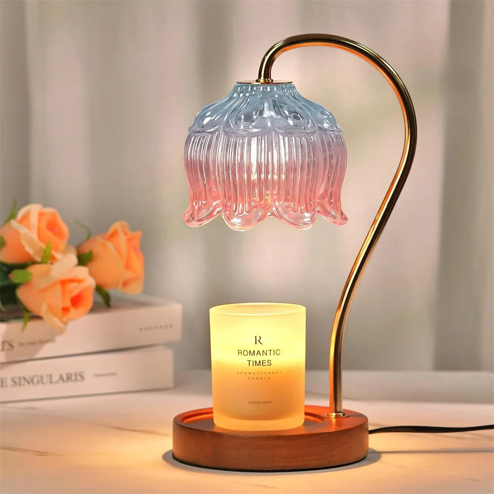 Candle Warmer Lamp | Retro Glass Shade & Solid Wood Base