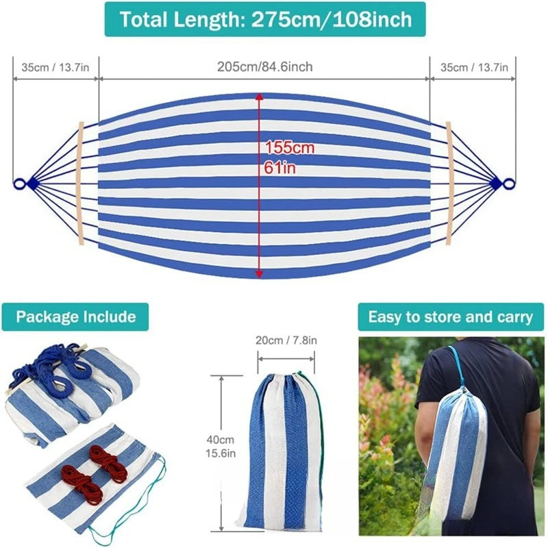 Canvas Double Hammock | Anti-Roll Swing Bed with Wooden Spreaders for Camping & Outdoors