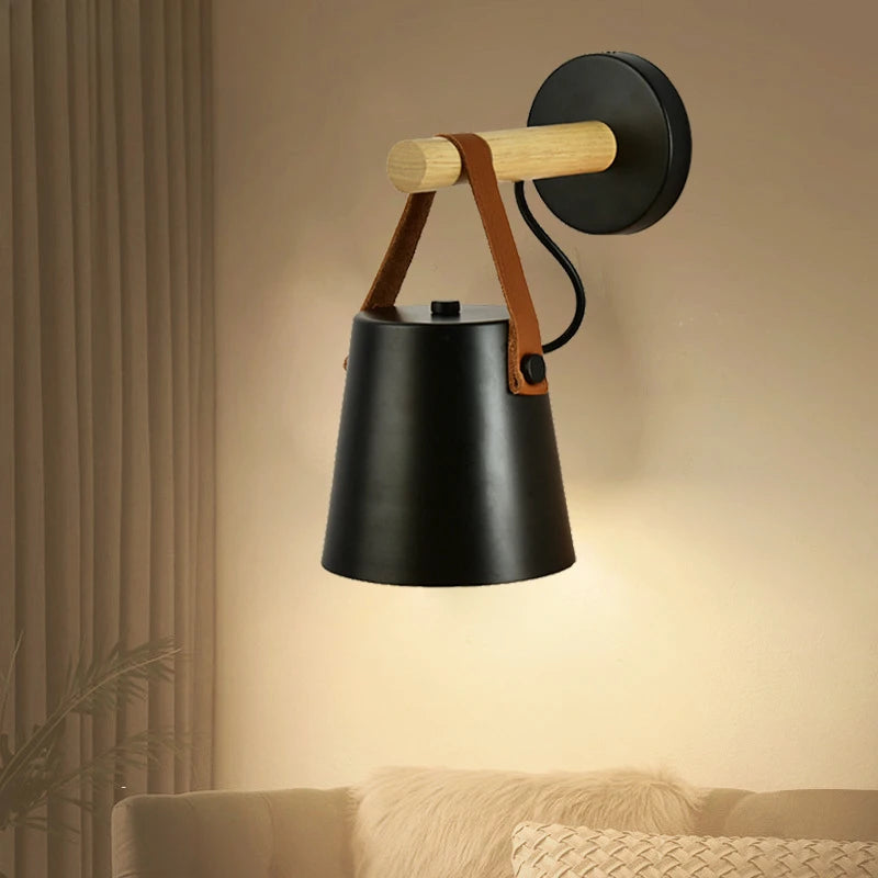 Nordic Wood & Leather Wall Lamp | Hanging Bedside Light