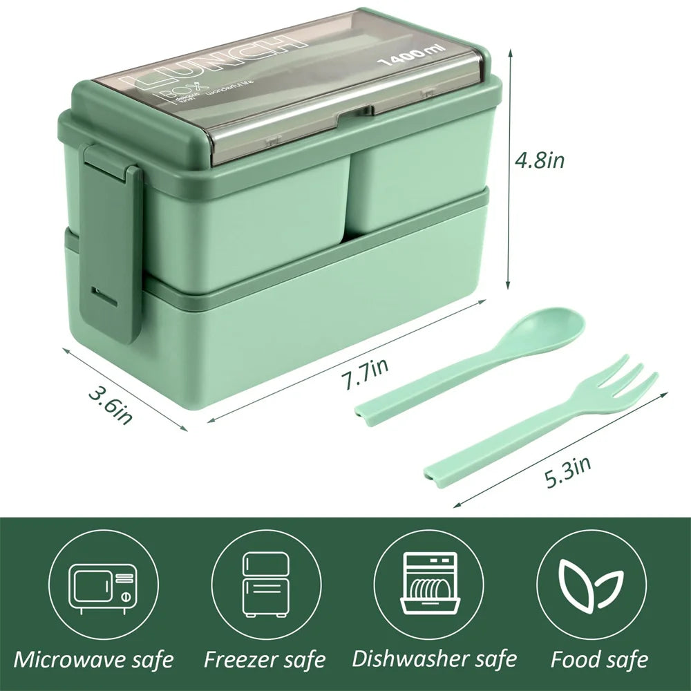 1400ml Double Layer Bento Box | Portable Lunch Box with Fork & Spoon β Microwave Safe Food Storage for Kids & Adults