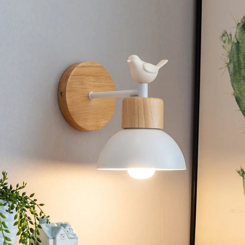 Nordic Wooden Bird Wall Lamp | LED Bedside Wall Sconce
