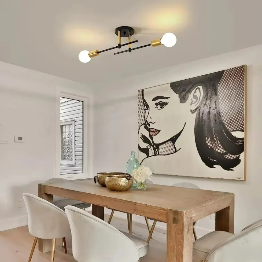 Modern 2-Light Ceiling Lamp | Black & Gold Flush Mount Chandelier