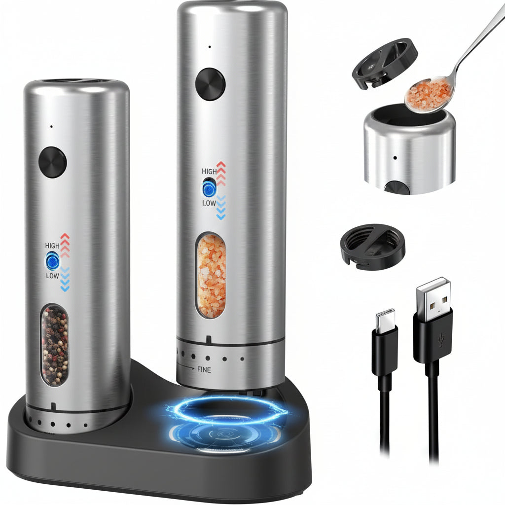 Juego de molinillos eléctricos para sal y pimienta con base de carga recargable por USB ProMax