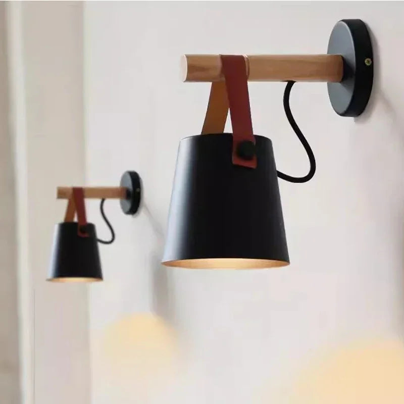 Nordic Wood & Leather Wall Lamp | Hanging Bedside Light