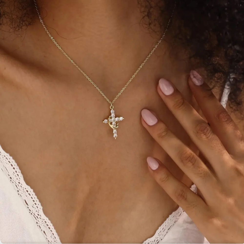 Collana con Ciondolo Croce Corona Regalo Gioiello Fede Festa della Mamma