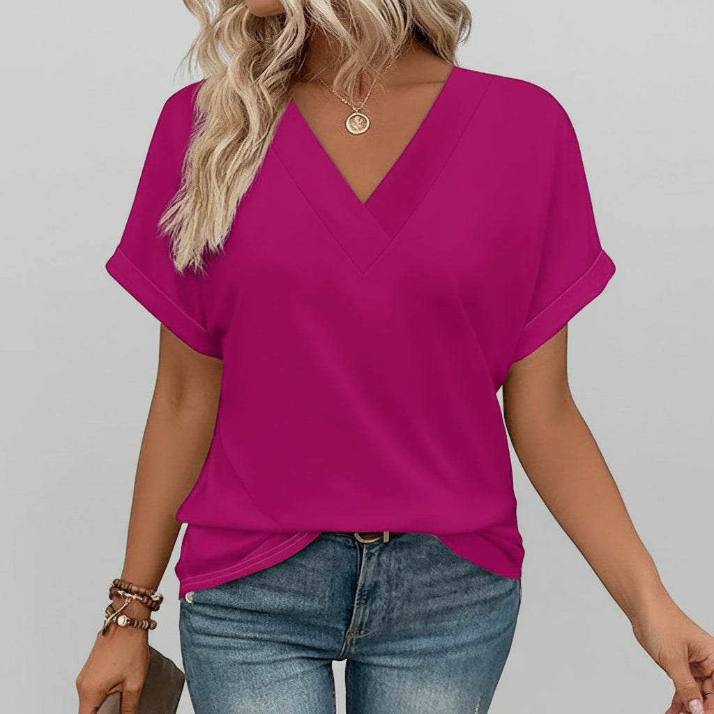 T-shirt donna casual con scollo a V, vestibilità ampia, maniche corte, top estivo