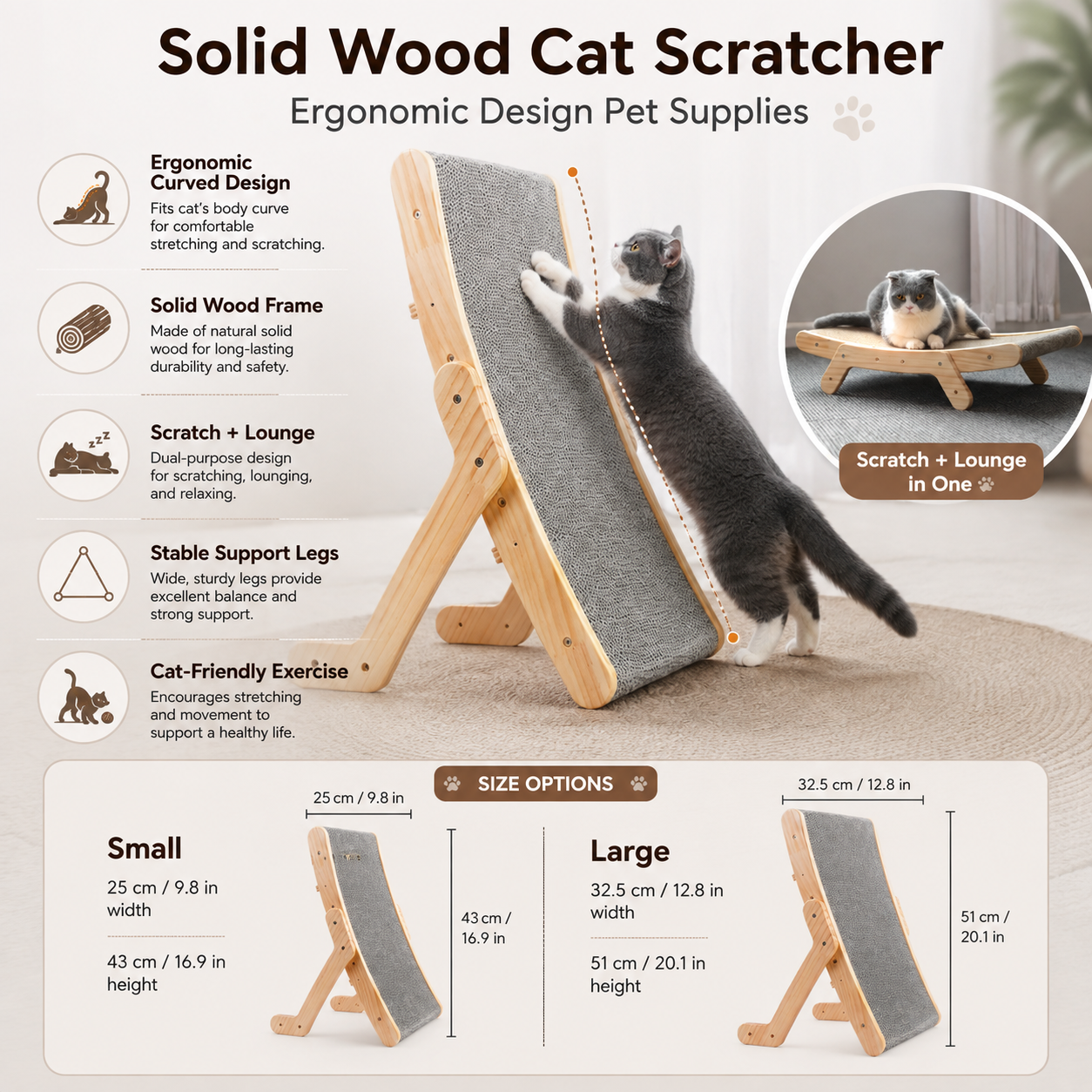 Tiragraffi per gatti in legno massello, design ergonomico, articoli per animali domestici
