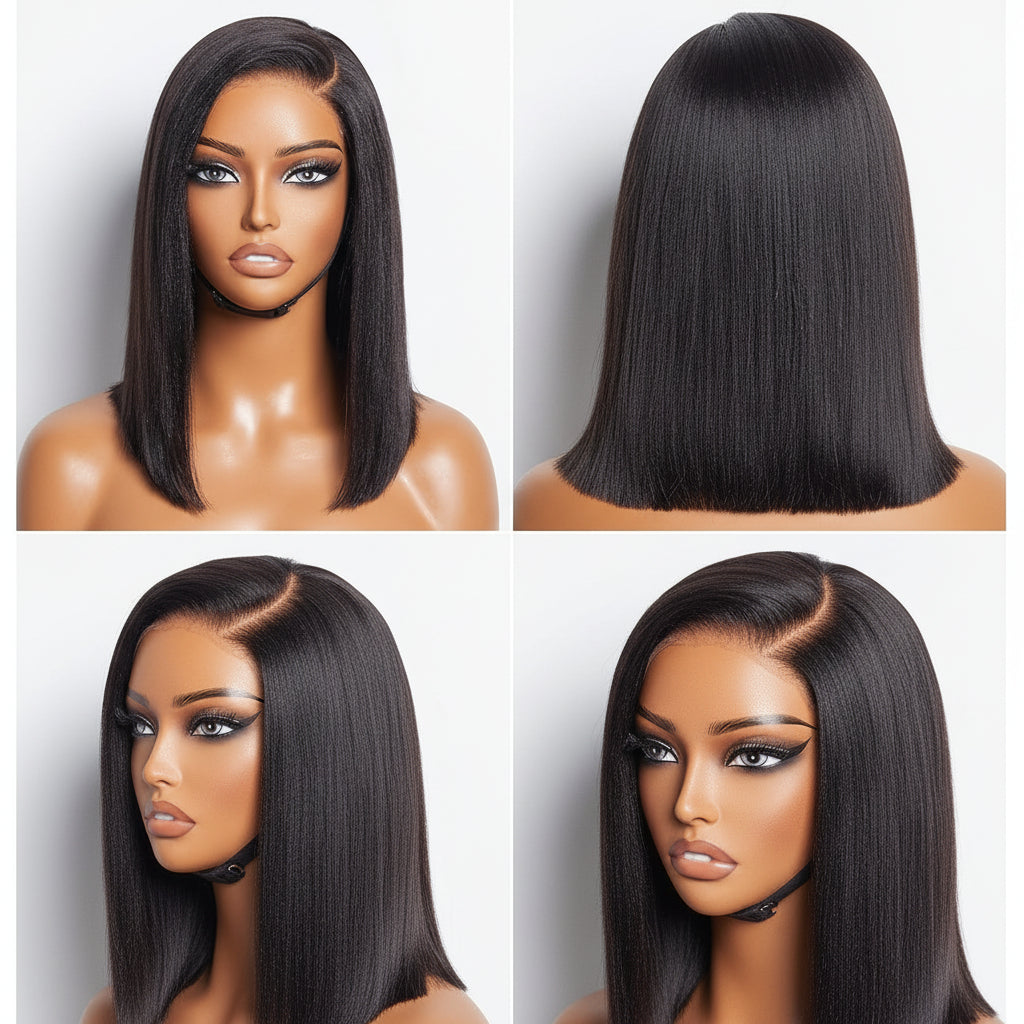 Peluca de cabello bob liso tipo yaki, sin pegamento y con frontal de encaje
