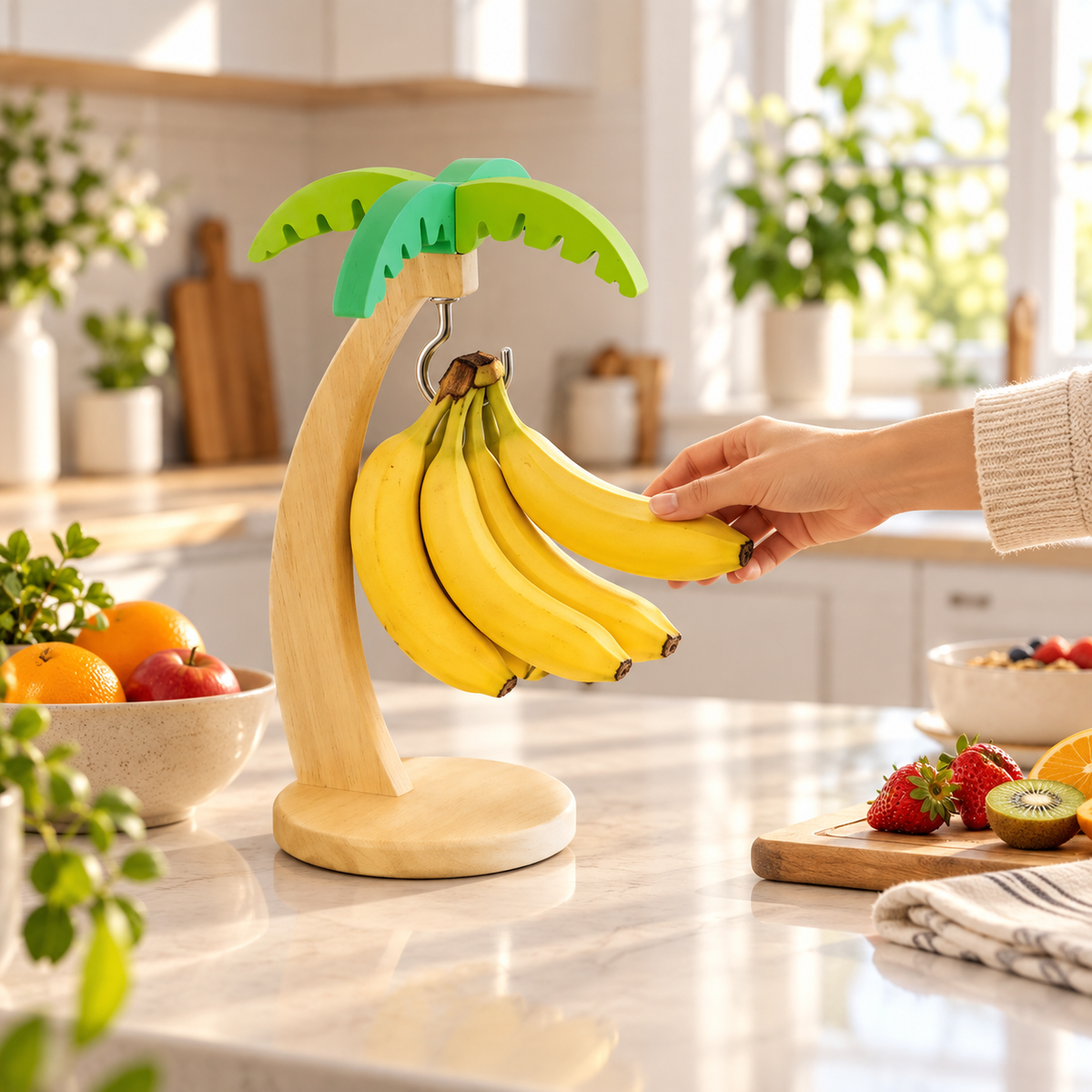 Bananenhalter aus Holz für die Arbeitsplatte, dekoratives Palmendesign