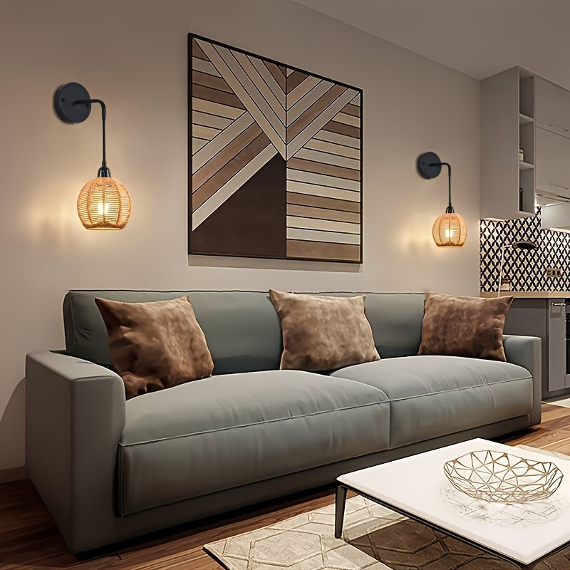 Boho Rattan Wall Lamp | Handwoven Bedside & Living Room Sconce