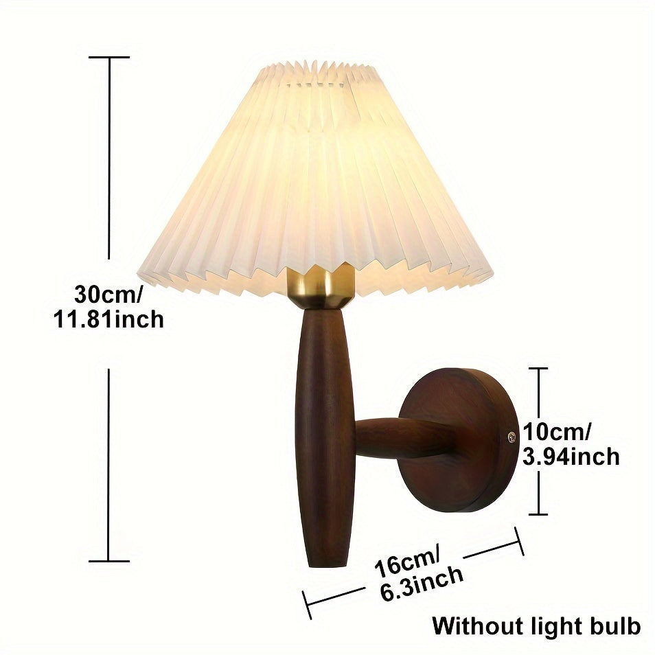 Nordic Wooden Wall Sconce | Retro Bedside Wall Lamp with Pleated Shade