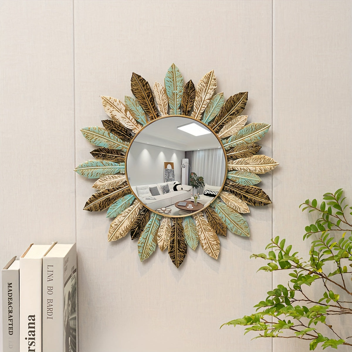 Bohemian Sunburst Metal Wall Mirror | Teal & Gold Leaf Design