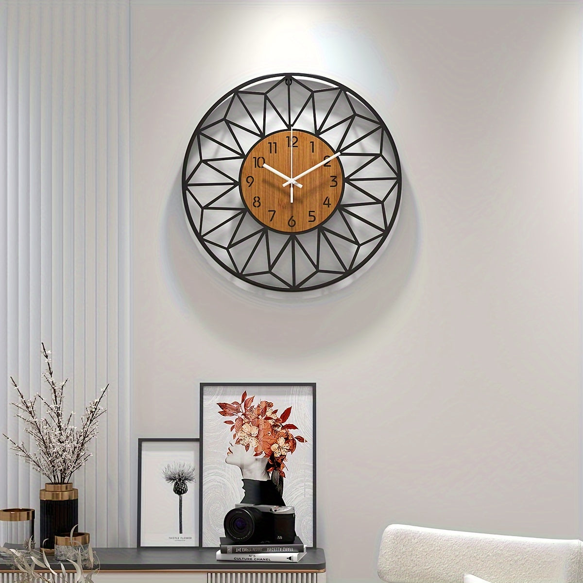 Modern Metal Wall Clock | Wood Grain Centre Design