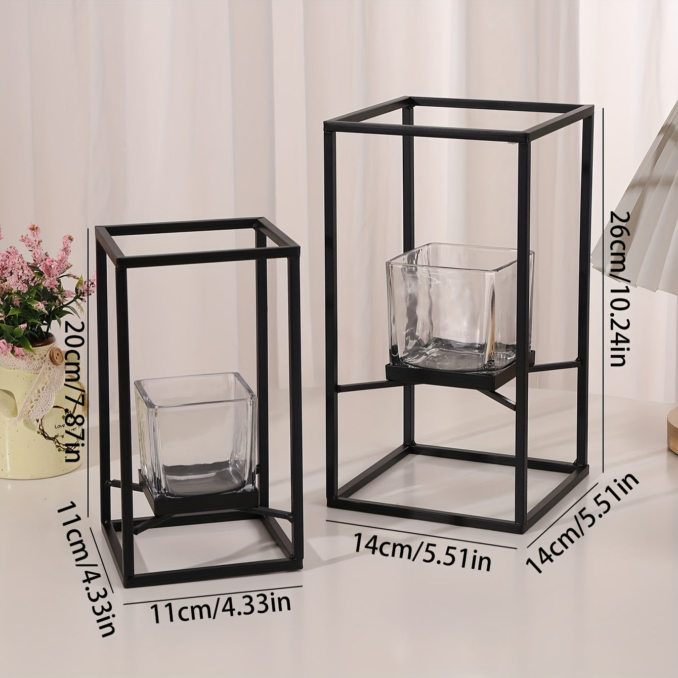 Black Iron Square Candle Holder with Glass Insert | Elegant Windproof Design