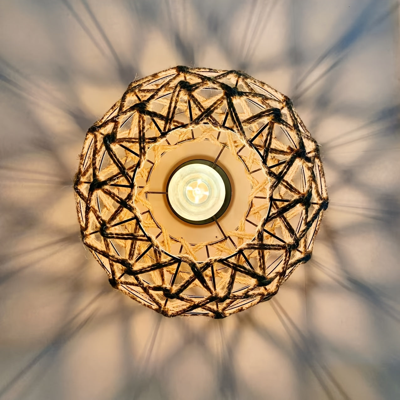 Bohemian Hemp Rope Ceiling Light | Handwoven Rustic Flush Mount Fixture